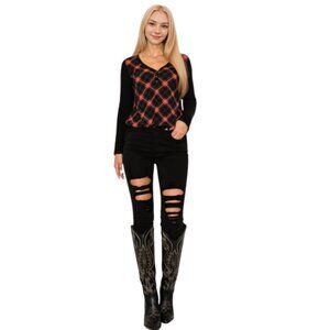 Plaid Back Detail Long Sleeve V Neck Top by A.Gain